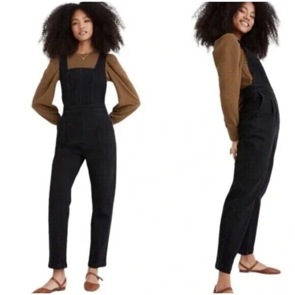 Madewell Tapered Black Denim Overalls Women Size 2 Clybourn Wash Crisscross Back - Picture 1 of 16